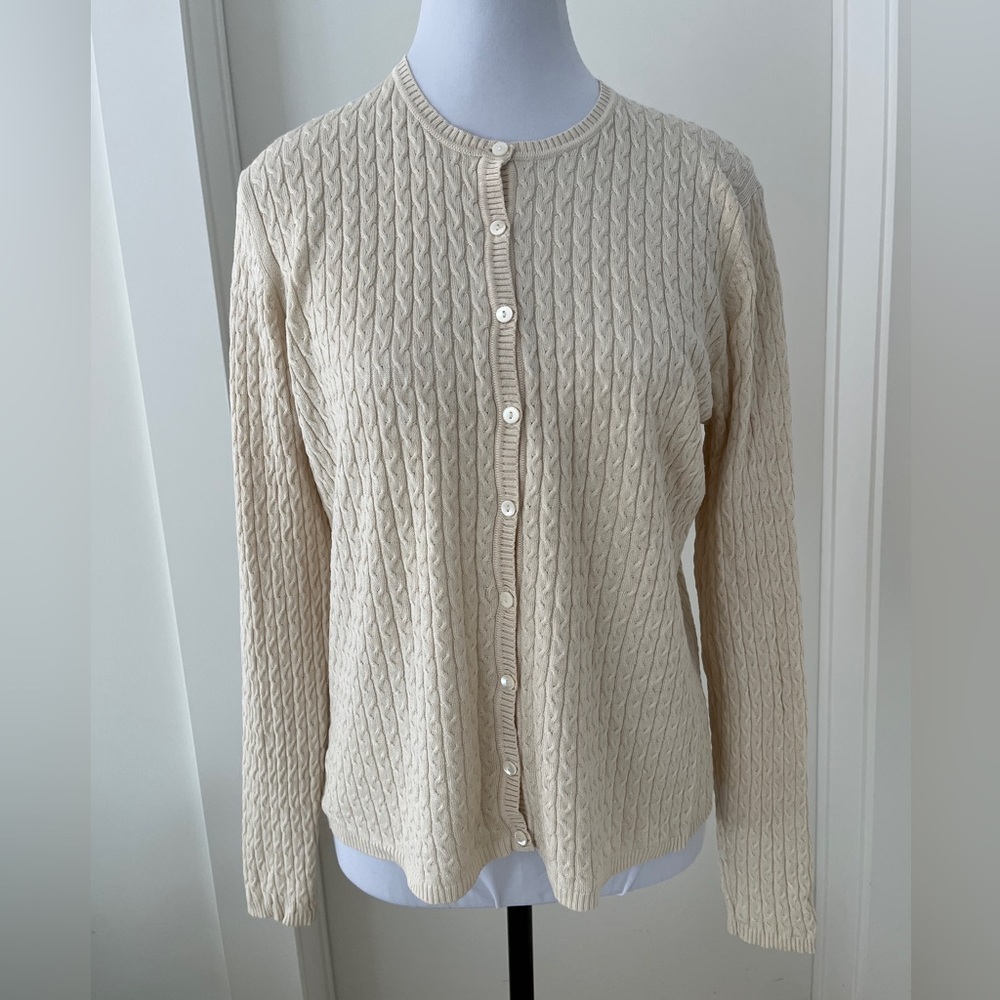BELFORD for Saks Fifth Avenue Silk Blend Cardigan Fine Knit Cable Neutral Luxury
